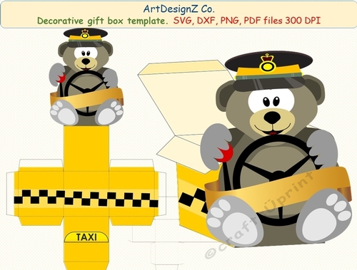3D Gift or Sweet Box Template. Taxi driver. Cute Teddy bear