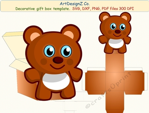 3D Gift or Sweet Box Template. Plaid. Cute Teddy bear. Easter, Christmas, Halloween, Wedding, Baby. Shaped Top Gift Box. Simple box, Present square box.