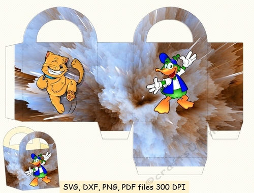 3D Gift or Sweet Box Template. Plaid. Cute duck and cat