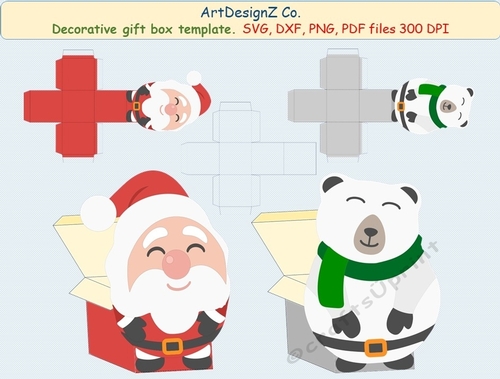 3D Gift or Sweet Box Template. Plaid. Santa. Cute bear