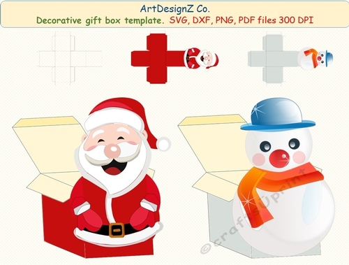 3D Gift or Sweet Box Template. Plaid. Santa. Snowman. Elf