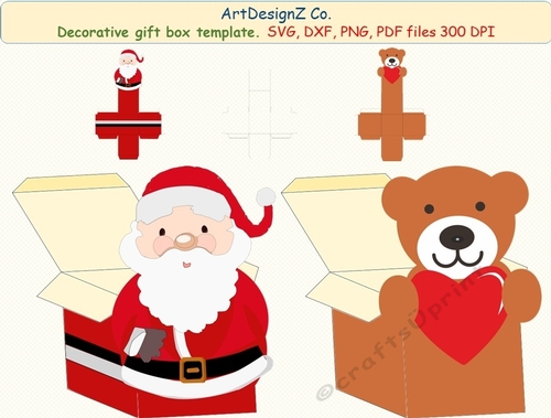 3D Gift or Sweet Box Template. Plaid. Santa. Teddy. Bear. Elf