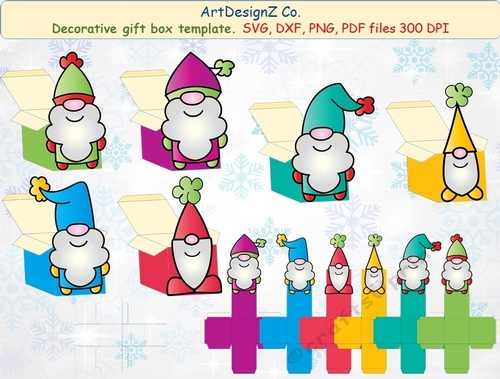 3D Gift or Sweet Box Template. Santa. Gnome, Dwarf. Elf