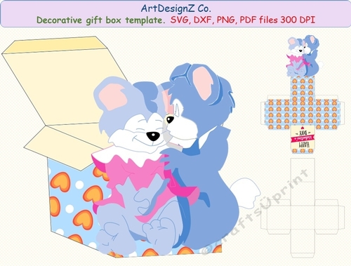 3D Gift or Sweet Box Template. Bear, Teddy, Love, Valentine, Christmas, Halloween, Wedding, Baby. Shaped Top Gift Box. Simple box, Present square box