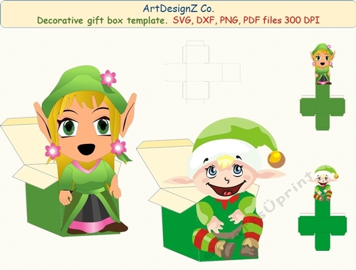 3D Sweet Box Template. Gift, Elf, Gnome, Santa, Love, Christmas, Halloween, Wedding, Baby. Shaped Top Gift Box. Simple box, Present square box. 