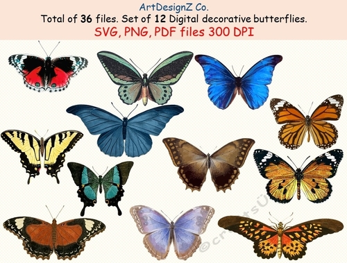 Total of 36 files. Set of 12 digital decorative butterflies. Birthday, car, animal, puppy, pink