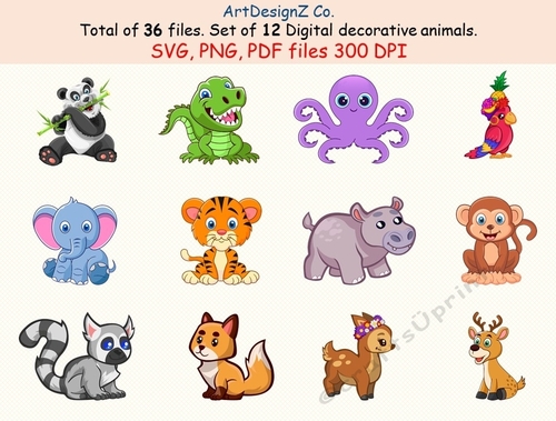 Total of 36 files. Set of 12 digital decorative animals. Kitten, bunny, Birthday, car, animal, puppy, pink