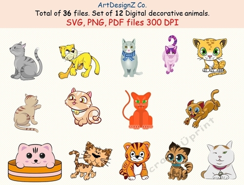 Total of 42 files. Set of 14 digital decorative cats. Kitten, Birthday, car, animal, puppy, pink