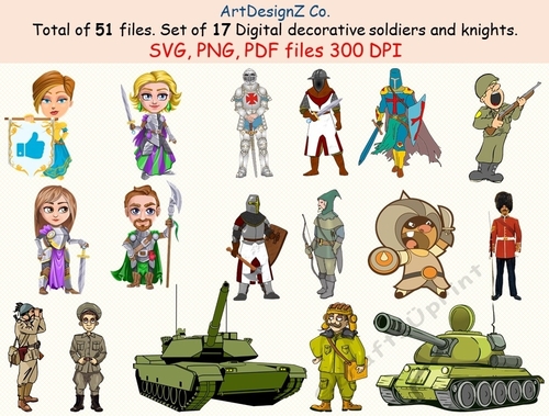 Total of 51 files. Set of 17 digital decorative soldiers and knights. Game, Soldier boy, Birthday, tank, car