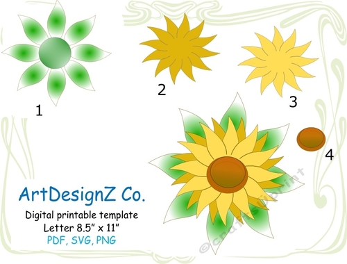 Watercolor sunflower, DIY Sunflower, Paper Flower Template for Silhouette, Monogram Sunflower Cutfile, files for cricut, madame Chantilly, forever petals by vee, paper flower template, 3d sunflower