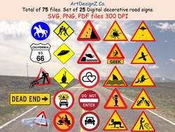 Total of 75 files. Set of 25 digital decorative road signs. Birthday, car, animal, puppy, pink