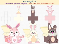 Gift box templates. Animals, bunny, rabbit, Easter. Simple box, square box, cube box, storage box, shipping box, Cricut, Silhouette, Svg, clipart, basket, birthday, fathers day, wedding, mothers day, Halloween