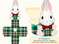 3D Gift or Sweet Box Template. Scottish plaid. Cute Bunny, Rabbit, Easter. Shaped Top Gift Box. Simple box, Present square box.