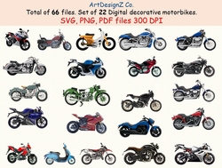 Total of 66 files. Set of 22 digital decorative race and street motorbikes. Game, bike boy, Birthday, motor, car