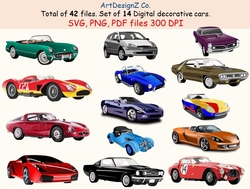 Total of 42 files. Set of 14 digital decorative race and street cars. Game, car boy, Birthday, motor, car