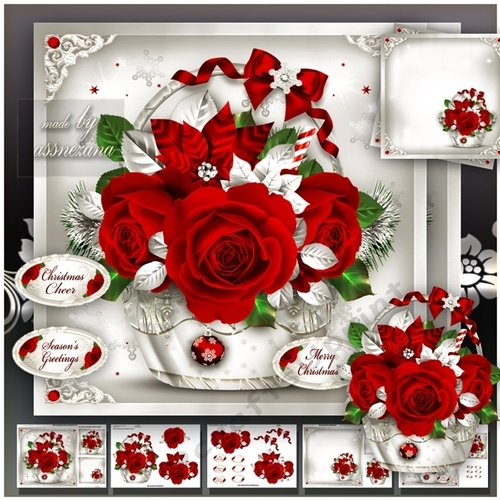 Silver Christmas Basket with Roses and Poinsettias Mini Kit