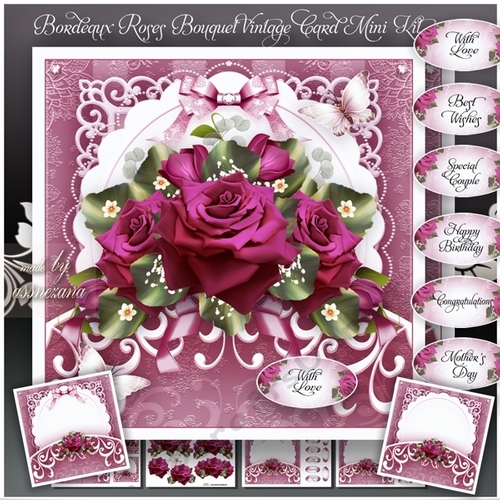 Bordeaux Roses Bouquet Vintage Card Mini Kit