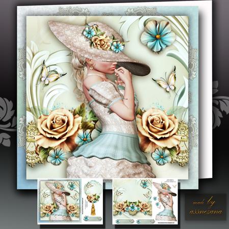 Beautiful Lady in Silky Dress with Soft Roses Card Front