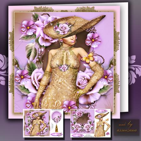 Lady with Gold Dress and Pink Roses Card Front