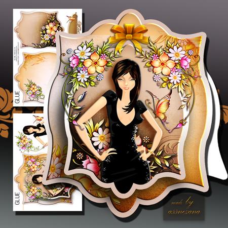 Fashion Lady with Flowers in Tag Card Form