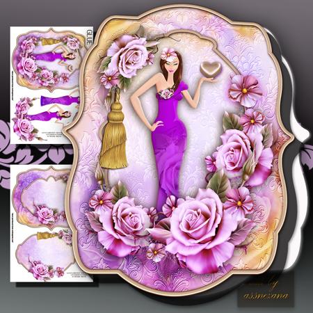 Lady with Heart and Pink Roses in Tag Card Form