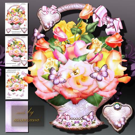 Basket with a Bouquet of Colorful Roses