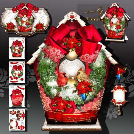 Christmas Bird House with Red Poinsettias