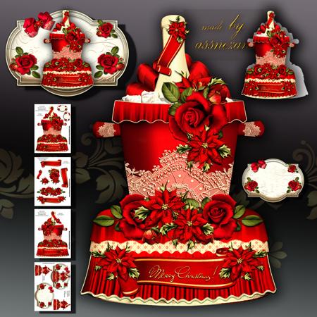 Beautiful Christmas Champagne Bottle with Poinsettias and Ro