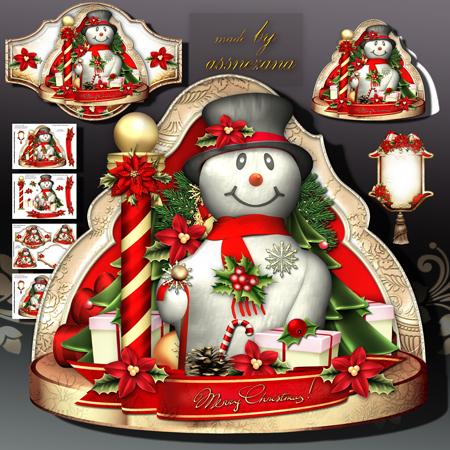 Christmas Snowman with Red Poinsettias and Gifts