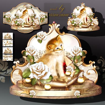 Beautiful Little Cat with Soft White Roses in Vintage Style