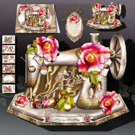 Antique Sewing Machine with Silk, Scissors and Roses