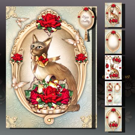 Vintage Frame with Basket of Roses and Kitten