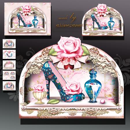 Shabby Chic Box Dresser with Shoes, Perfume and Roses