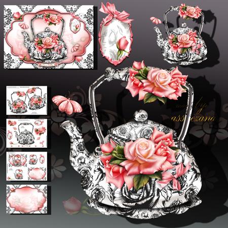 Decorative Black and White Teapot with Roses