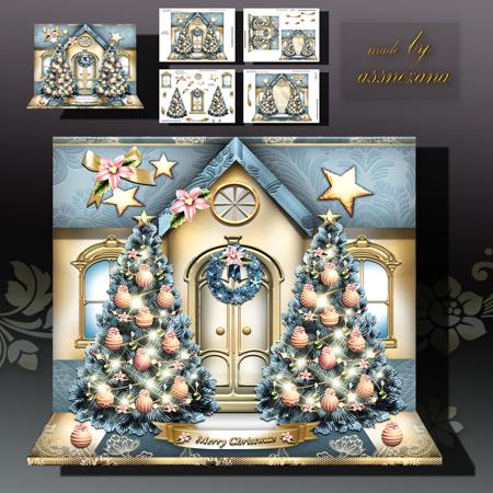 Winter Christmas House with Trees Card Kit