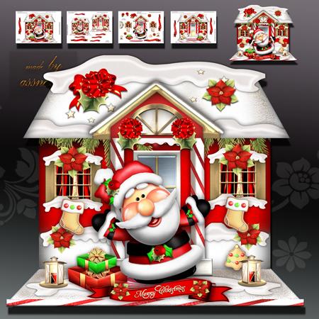Winter Christmas House with Santa Card
