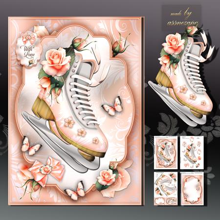 Vintage Skates with Peach Roses Card Kit