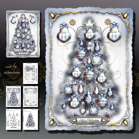 Silver Christmas Tree with Decorations Card Kit