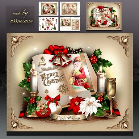 Christmas Book with Candles and Poinsettias Card Kit