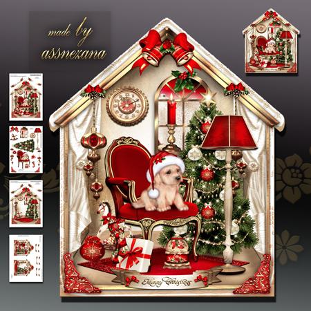 Christmas Vintage Room with Cute Puppy Card Kit