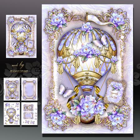 Vintage Hot Air Balloon with Purple Roses Card Kit