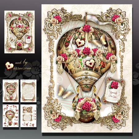 Valentine Vintage Hot Air Balloon with Roses Card Kit