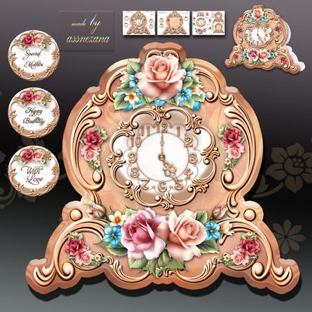 Vintage Clock with Roses Card Kit