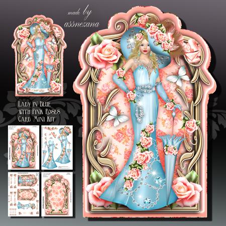 Lady in Blue with Pink Roses Card Mini Kit