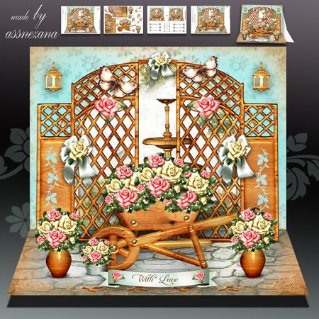 Garden with Wooden Fence and Wheelbarrow Card