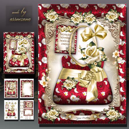 Silk Red Cream Handbag with Roses Card Mini Kit
