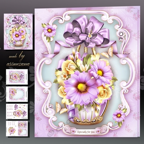 Vintage Basket with Yellow Roses and Violet Chrysanthemum Mini Kit