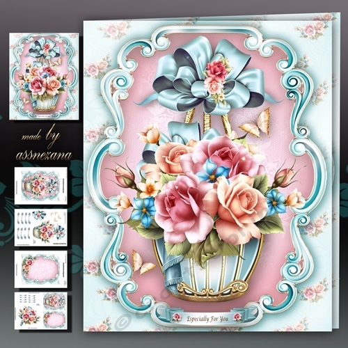 Vintage Basket with Peach Pink Roses Mini Kit