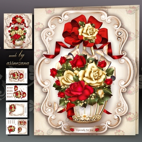 Vintage Basket with Red Cream Roses Mini Kit