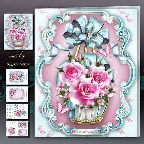 Vintage Basket with Pink Roses Card Mini Kit